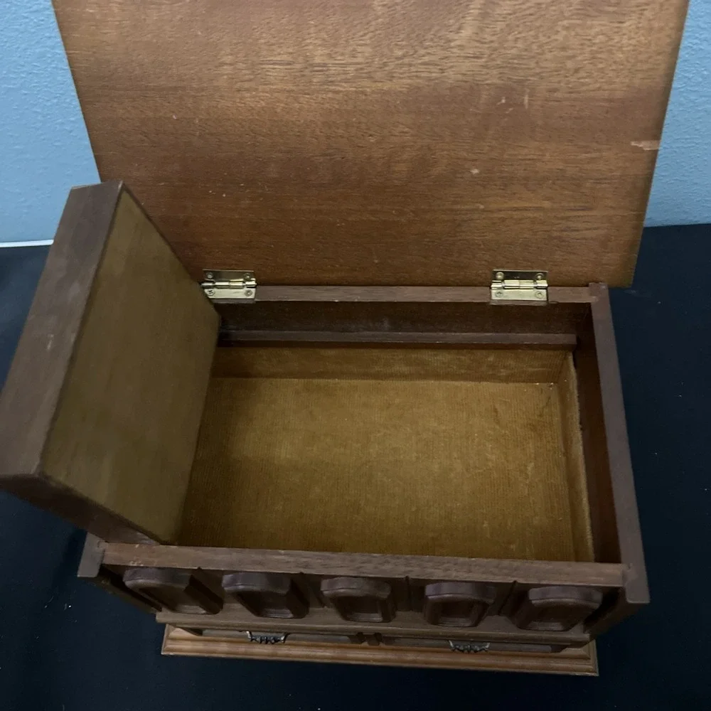 Vintage 60's Mele Wood Jewelry Chest Box Flip Up Lid / 2‎ Drawers Made In Taiwan